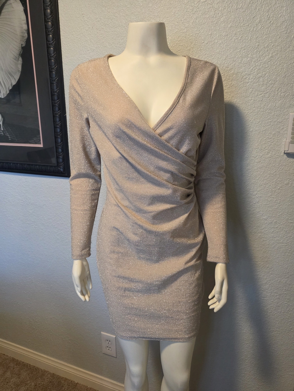 Sparkle Wrap-Front Long Sleeve Dress in Light Champagne